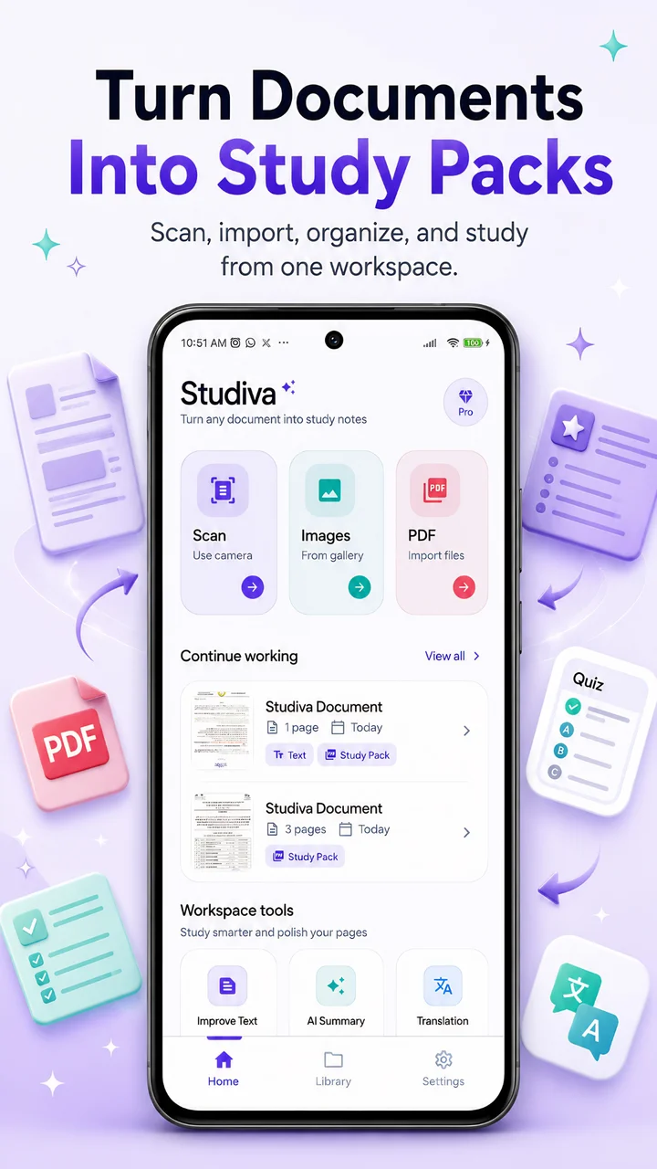 Studiva app screenshot showing document to study pack workflow