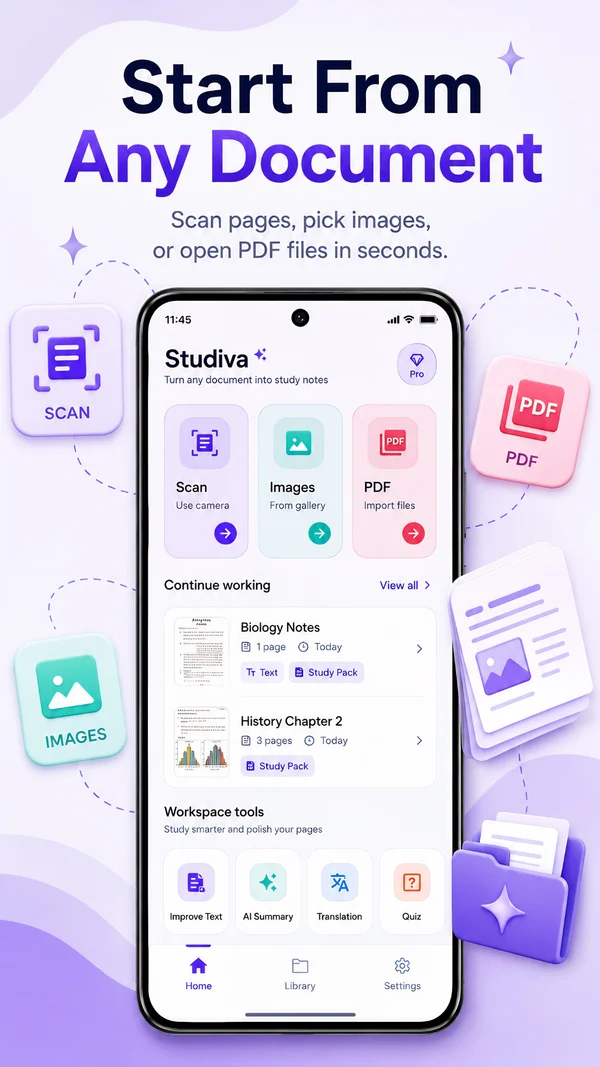 Studiva start screen for scanning, importing images, and PDFs.